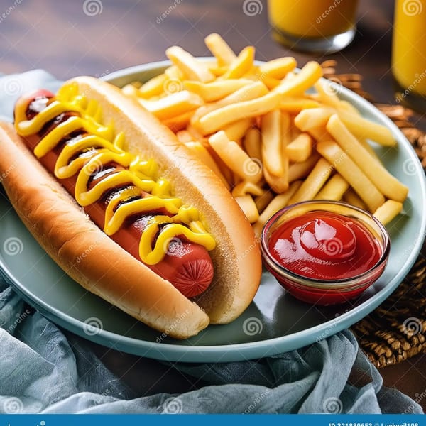 A hot dog with mustard and relish, served with french fries and ketchup on a blue plate.