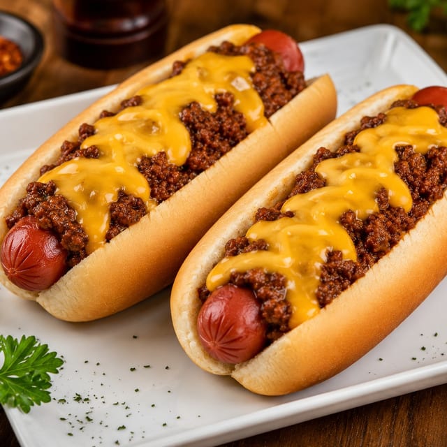 Two Hot Dogs Chili Cheese.