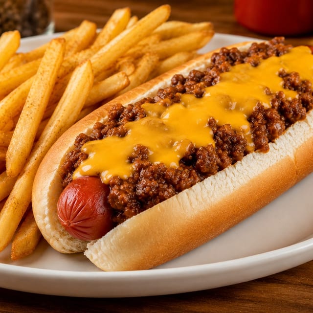 Hot Dog Chili Cheese with French Fries.